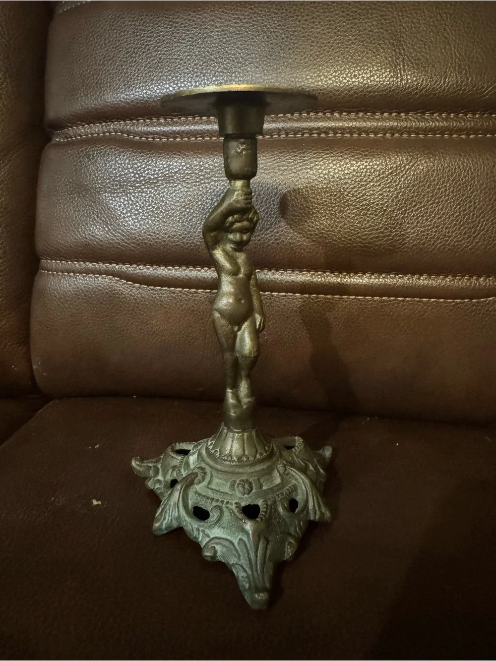 Antique-Style Bronze Cherub Candle Holder - Decorative Table Accent